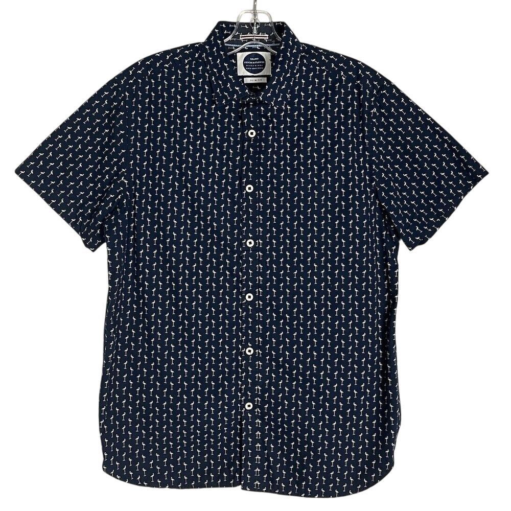 Denim And Flower Blue Shirt Mens Size M Flamingo Pattern Short Sleeve Cotton